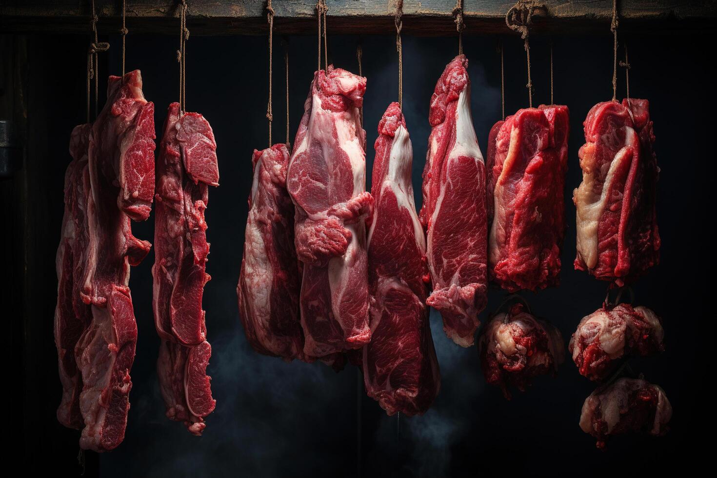 AI generated Pieces of fresh meat are suspended on a rope. Generated by artificial intelligence photo