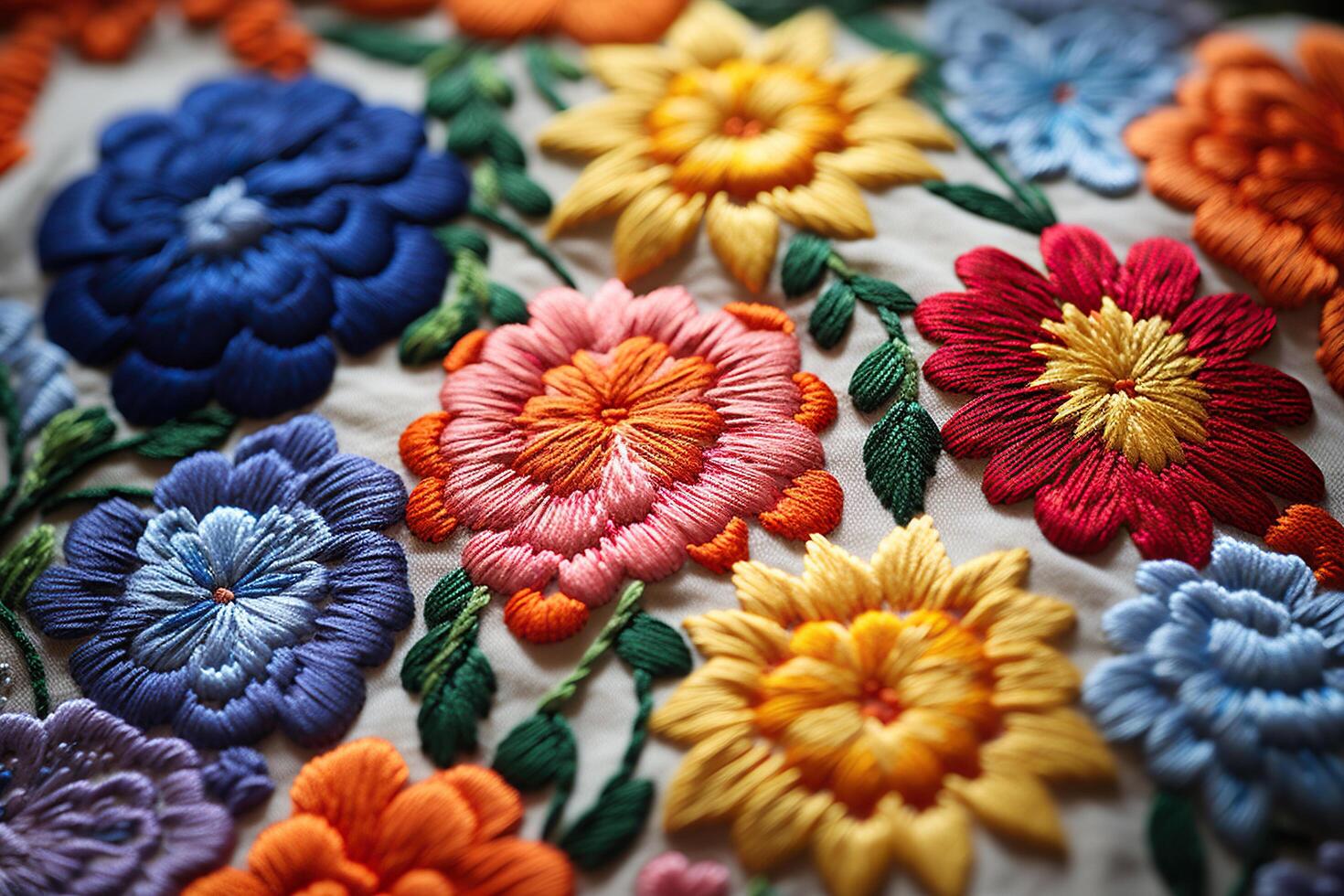 AI generated Embroidery. Flowers embroidered with multi-colored threads on canvas. Generated by artificial intelligence photo