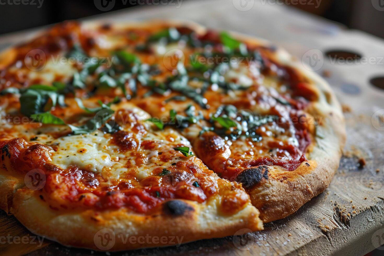 AI generated Large vegetarian pizza with cherry tomatoes and herbs on a wooden tray. Generated by artificial intelligence photo