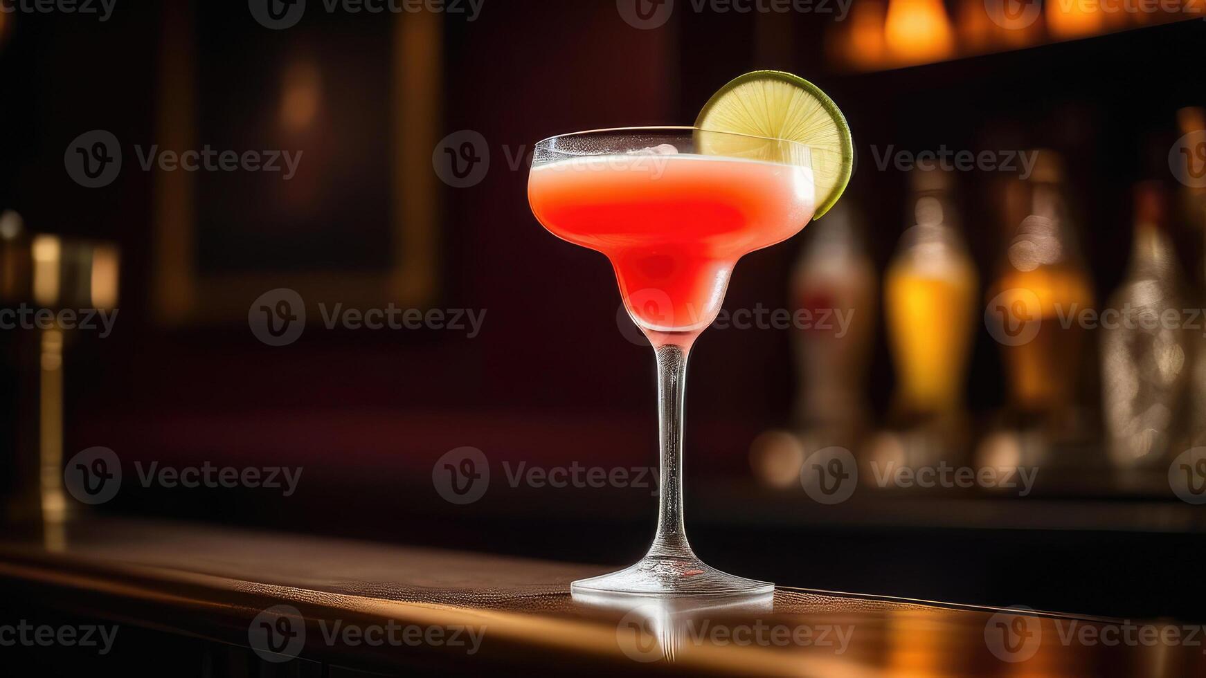 AI generated Glass of pink alcohol cocktail decorated with lemon at bar counter, blurred moody dark background, selective focus photo