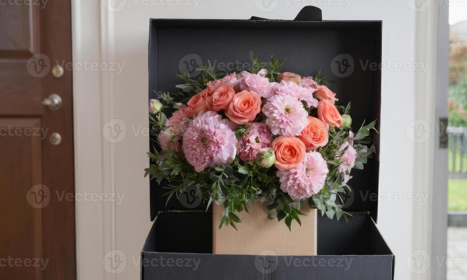 AI generated flower delivery service, a Beautiful bouquet of roses and chrysanthemums in delivery box for Mother's Day is front of the door. Love, romantic concept. Blurred background. photo