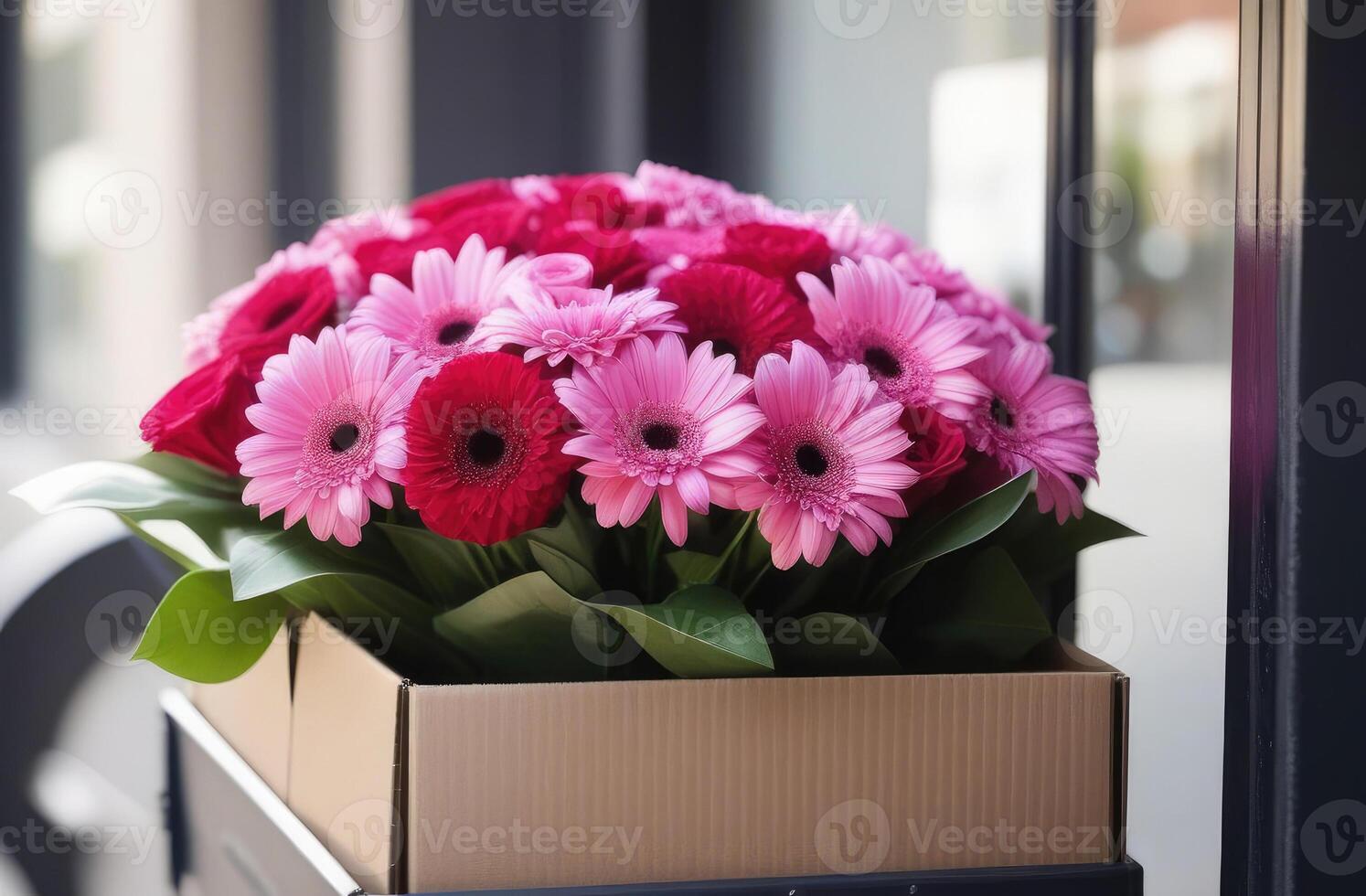 AI generated flower delivery service, a juicy bouquet of bright asters, roses and gerberas in delivery box for Mother's Day is front of the door. Love, romantic concept. Blurred background. photo