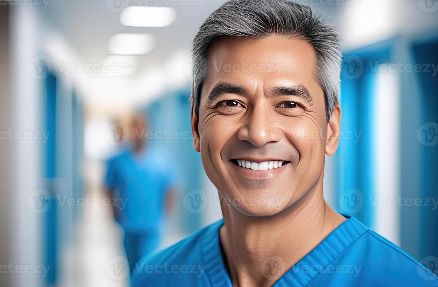 ai generado medio Envejecido asiático masculino médico en azul matorrales, sonriente mirando en cámara, retrato de hombre médico profesional, hospital médico, confidente facultativo o cirujano a trabajar. borroso foto