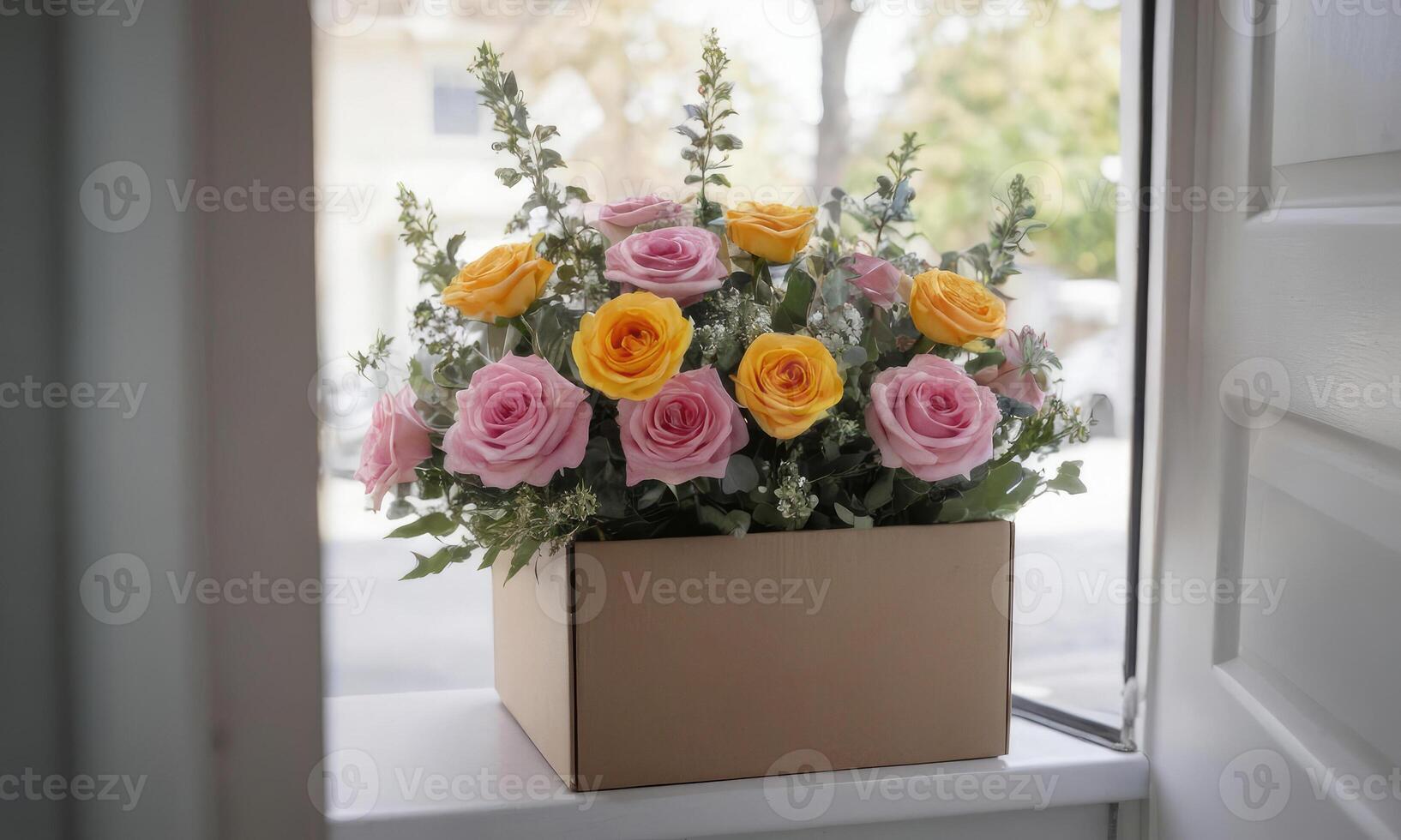 AI generated flower delivery service, a Beautiful bouquet of roses in delivery box for Mother's Day is front of the door. Love, romantic concept. Blurred background photo