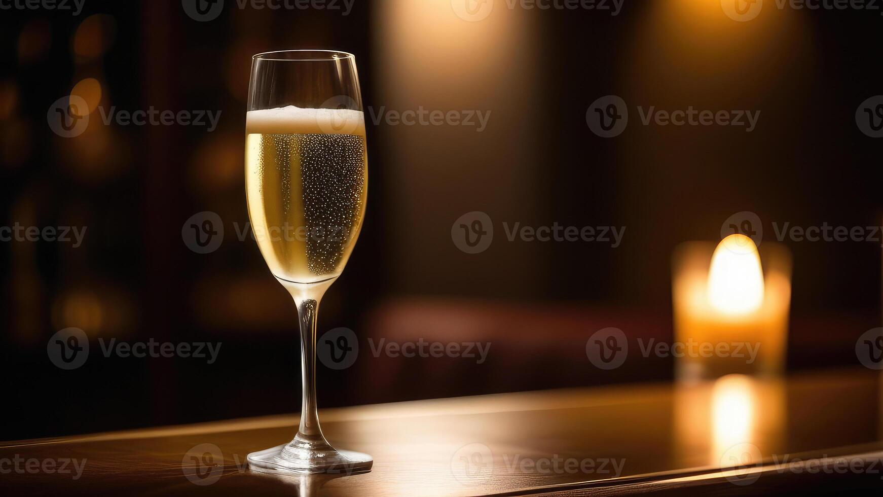 AI generated Glass of white sparkling wine on table in bar, blurred moody dark background, selective focus photo