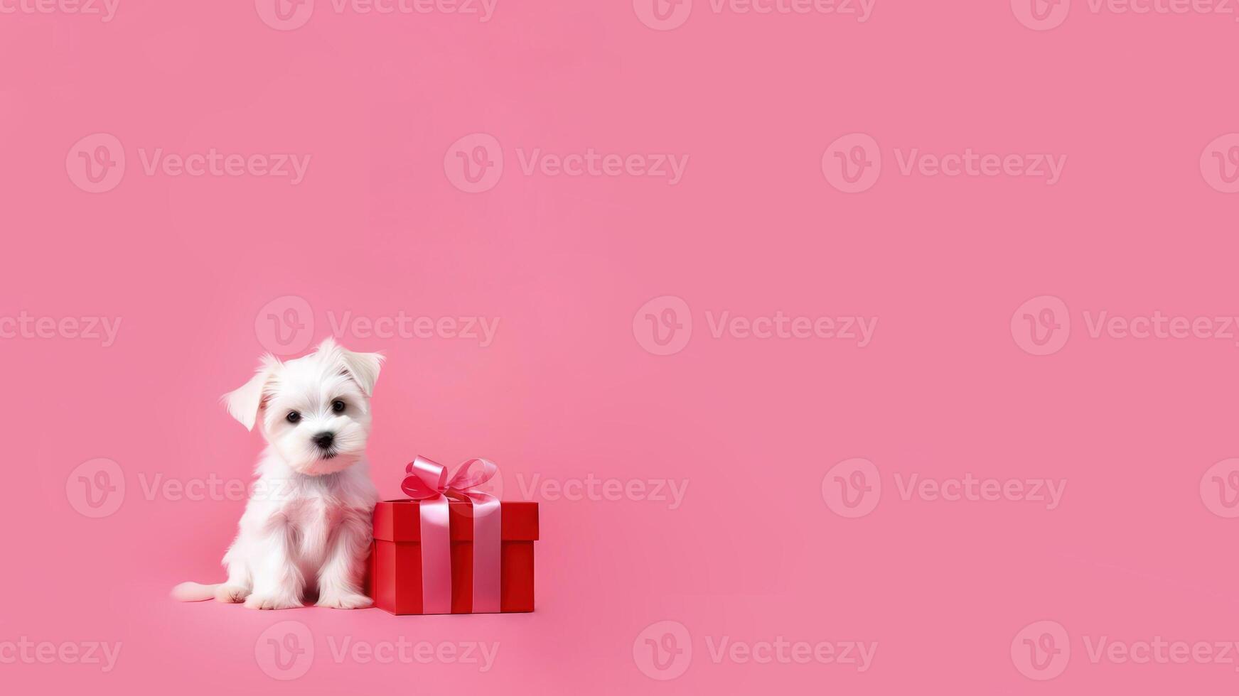 ai generado bandera con un blanco perrito sentado siguiente a rojo regalo caja con rosado seda cinta suave rosado antecedentes. Copiar espacio. enamorado día concepto foto