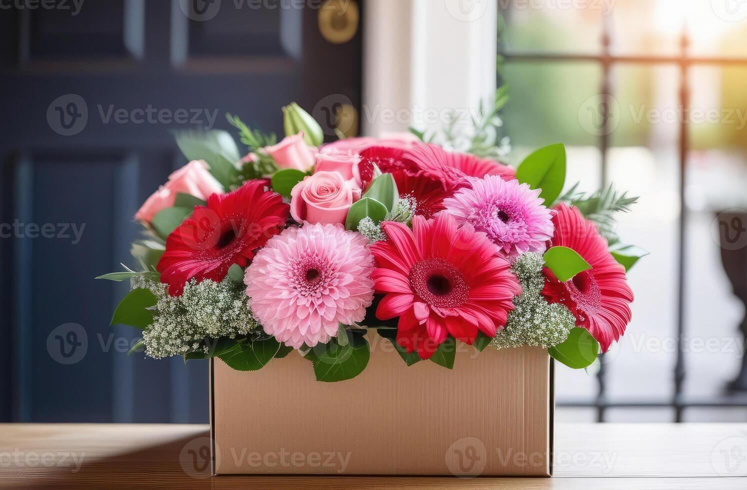 AI generated flower delivery service, a juicy bouquet of bright asters, roses and gerberas in delivery box for Mother's Day is front of the door. Love, romantic concept. Blurred background. photo