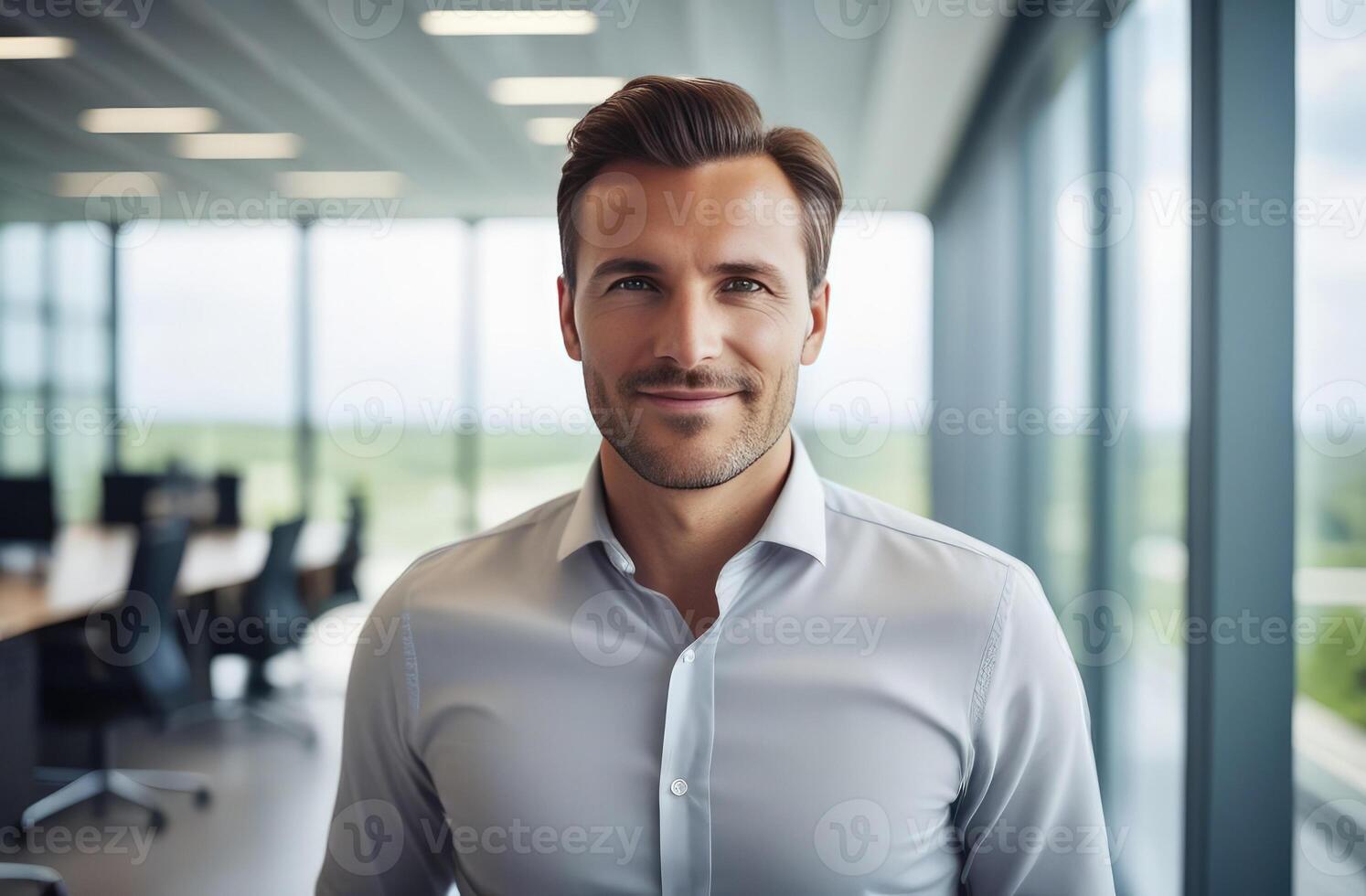 AI Generated Portrait handsome office executive standing in contemporary start-up coworking open space office. Man 30-35 years old manager smiling, looking at camera. Teamwork, business people photo