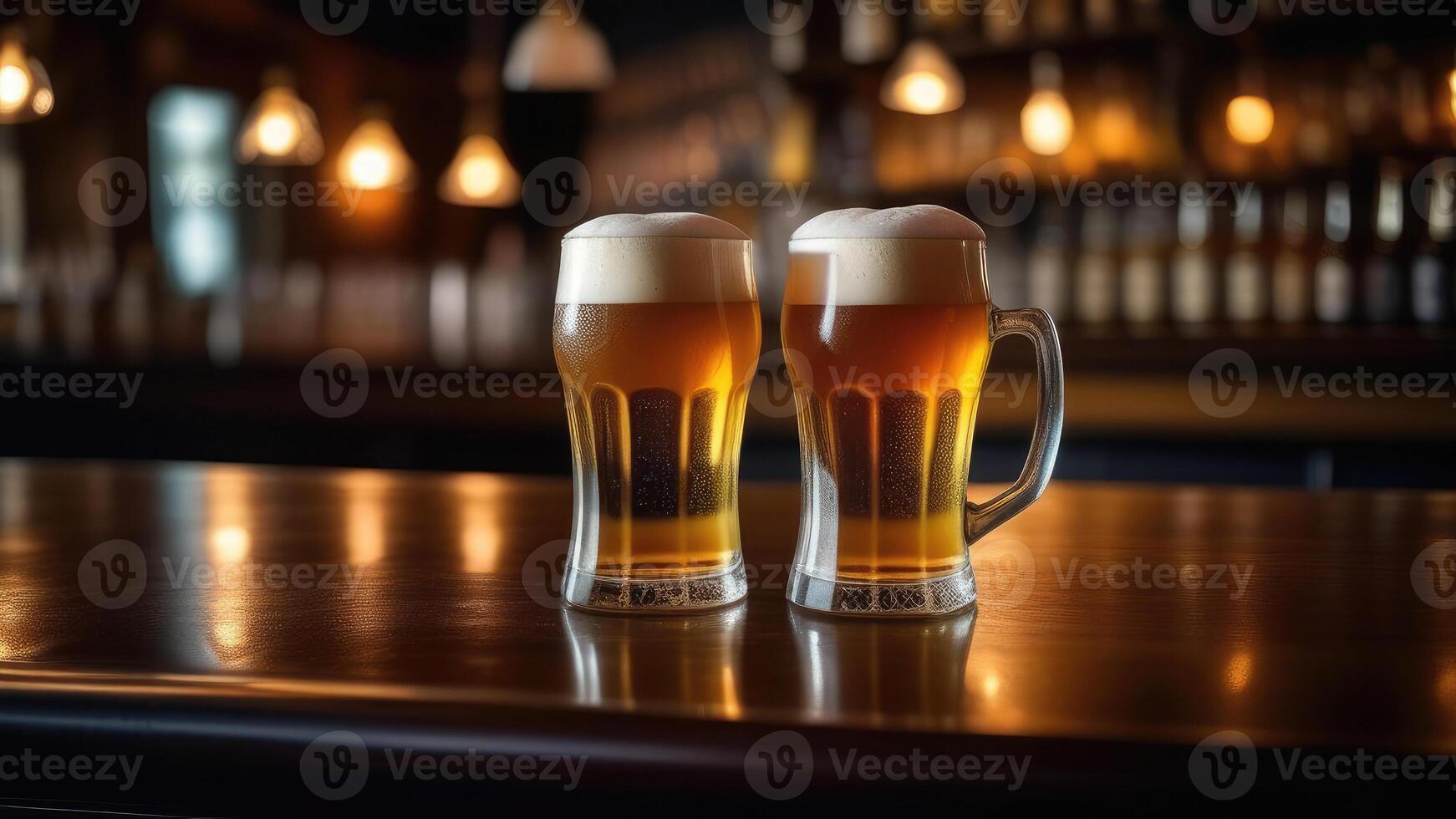 AI generated Beer glass on the bar counter. blurred moody dark background, selective focus photo