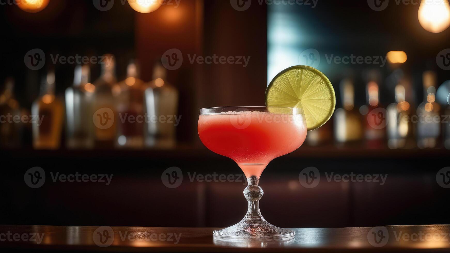 AI generated Glass of pink alcohol cocktail decorated with lemon at bar counter, blurred moody dark background, selective focus photo