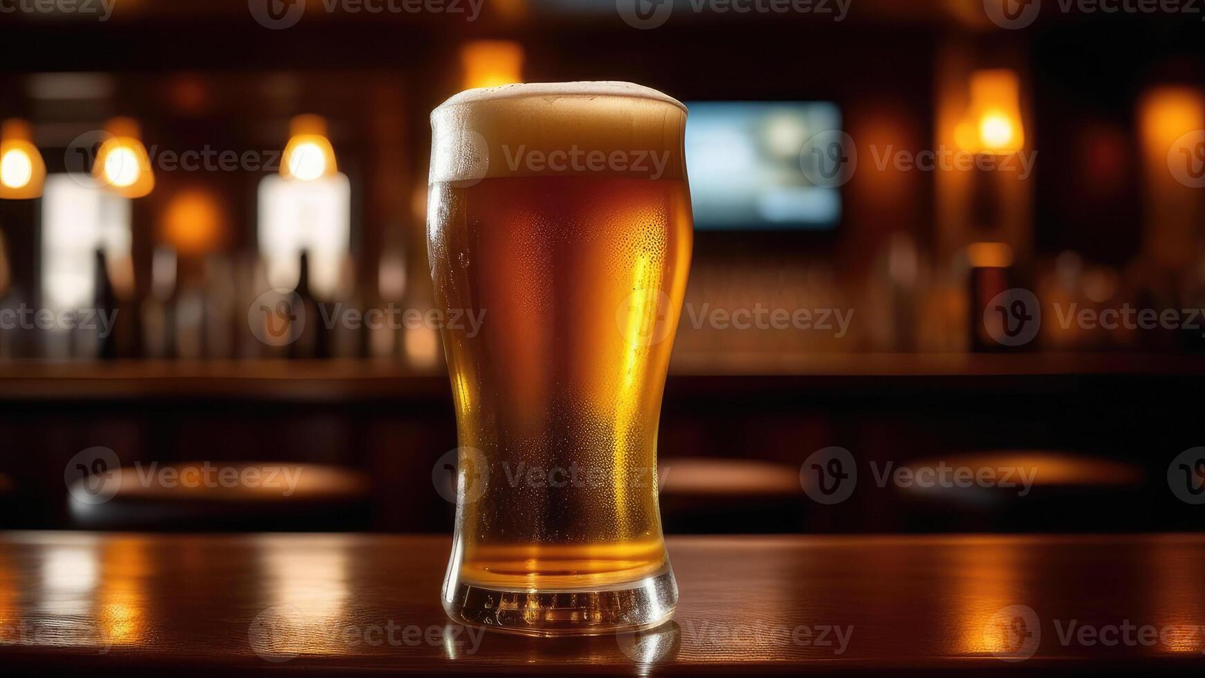 AI generated Beer glass on the bar counter. blurred moody dark background, selective focus photo
