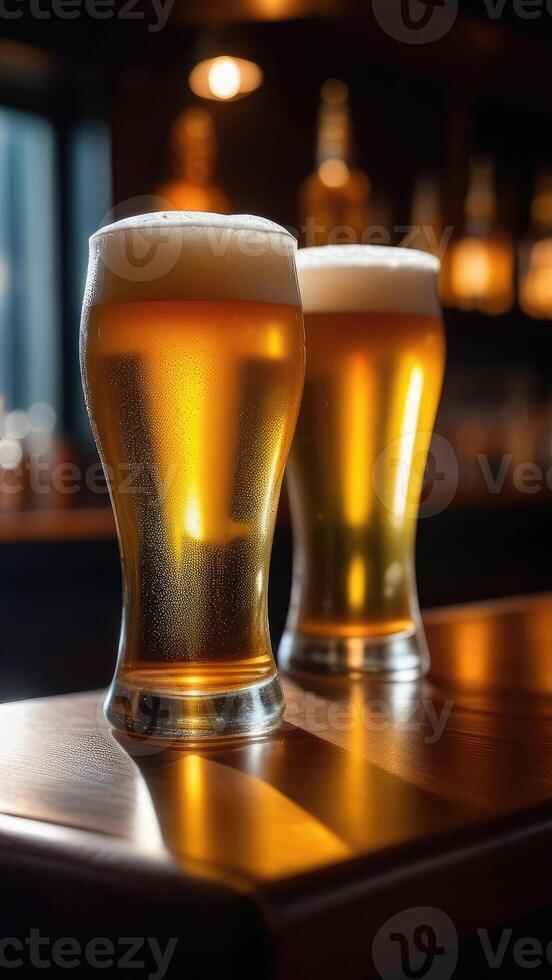 ai generado cerveza vaso en el bar encimera. borroso temperamental oscuro fondo, selectivo atención foto