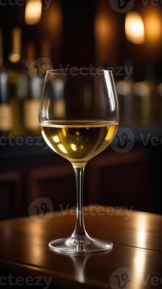 AI Generated Glass of white wine on table in bar, blurred moody dark background, selective focus photo