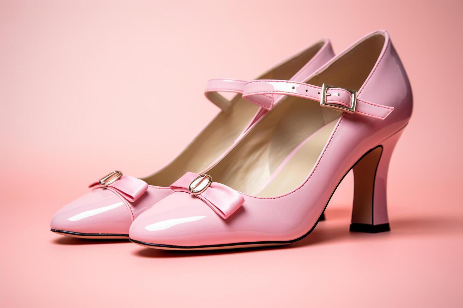 AI generated Elegant vintage pink low heels with a bow on the front. Women's shoes, side view. Generated by artificial intelligence photo