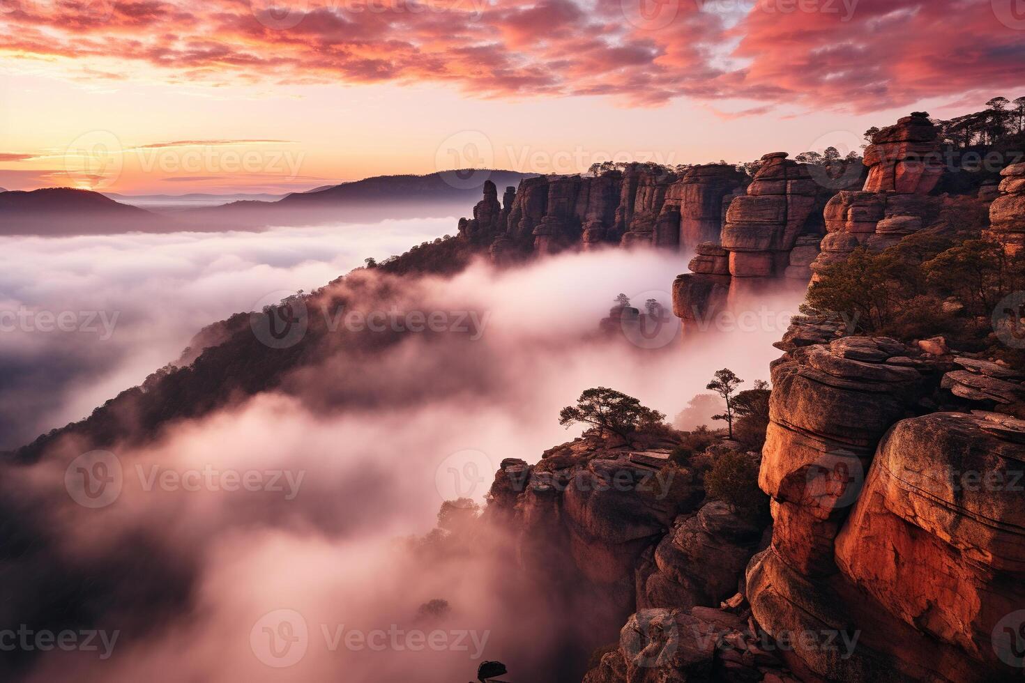 AI generated Pink sunset sky among mountains and rocks. Generated by artificial intelligence photo