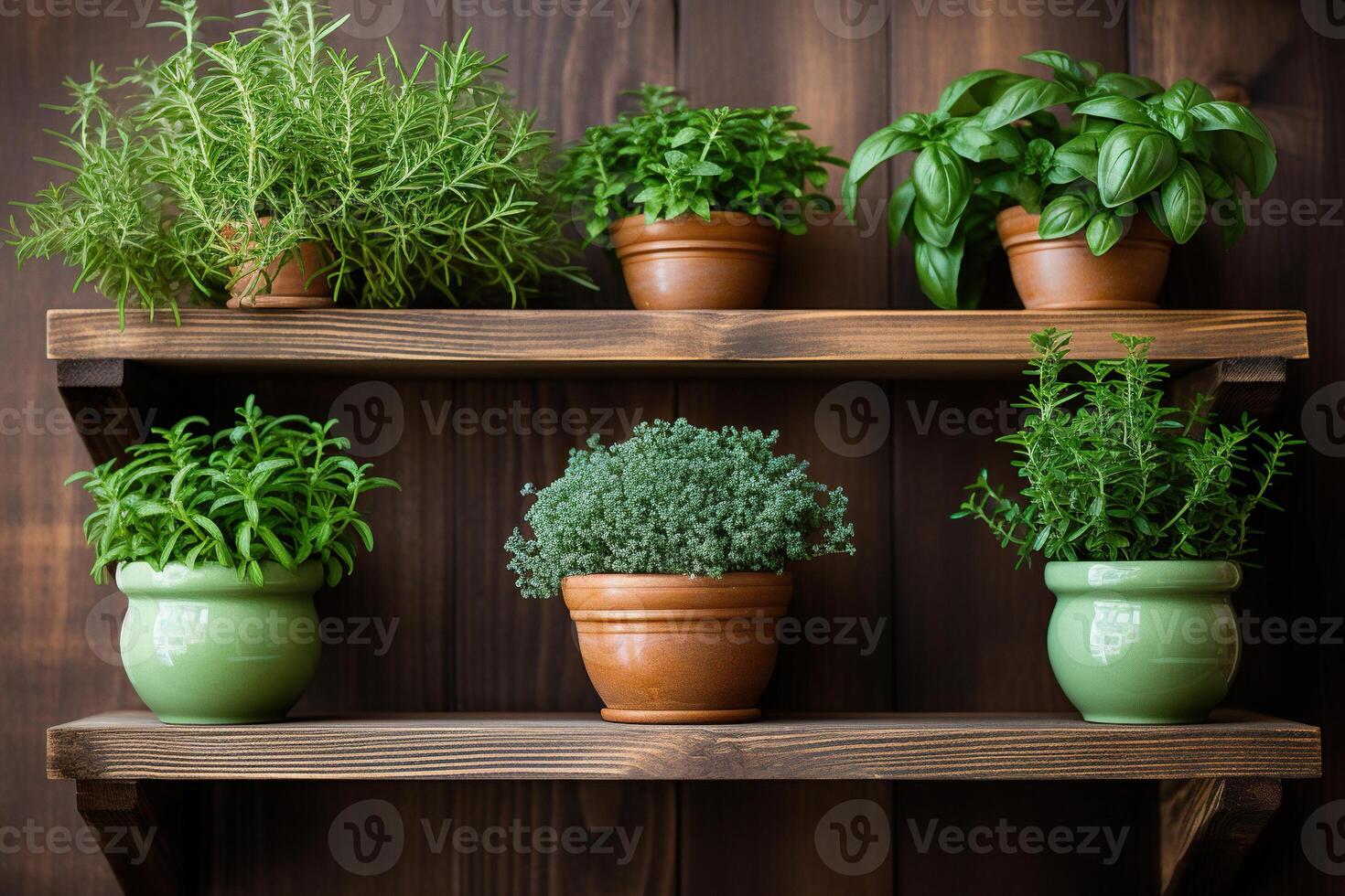 AI generated Basil, rosemary, thyme in old pots on a wooden shelf. Generated by artificial intelligence photo