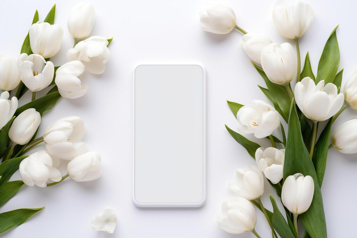 AI generated Smartphone mockup with white tulips. Smartphone screen mockup on white background for presentation or app design. Generative AI photo