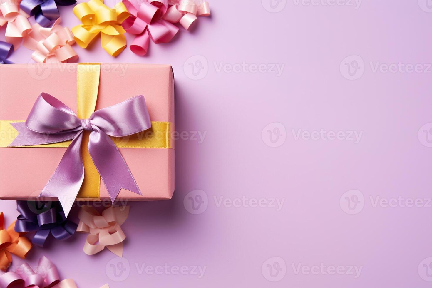 AI generated Congratulatory background with purple gift box, gold ribbon and space for text on the left. Generated by artificial intelligence photo
