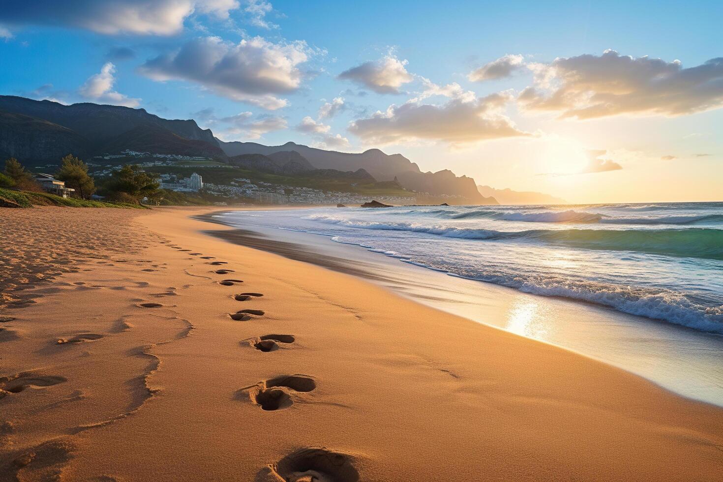 AI generated Footprints in the sand along the seashore near the mountains. Vacation concept. Generated by artificial intelligence photo