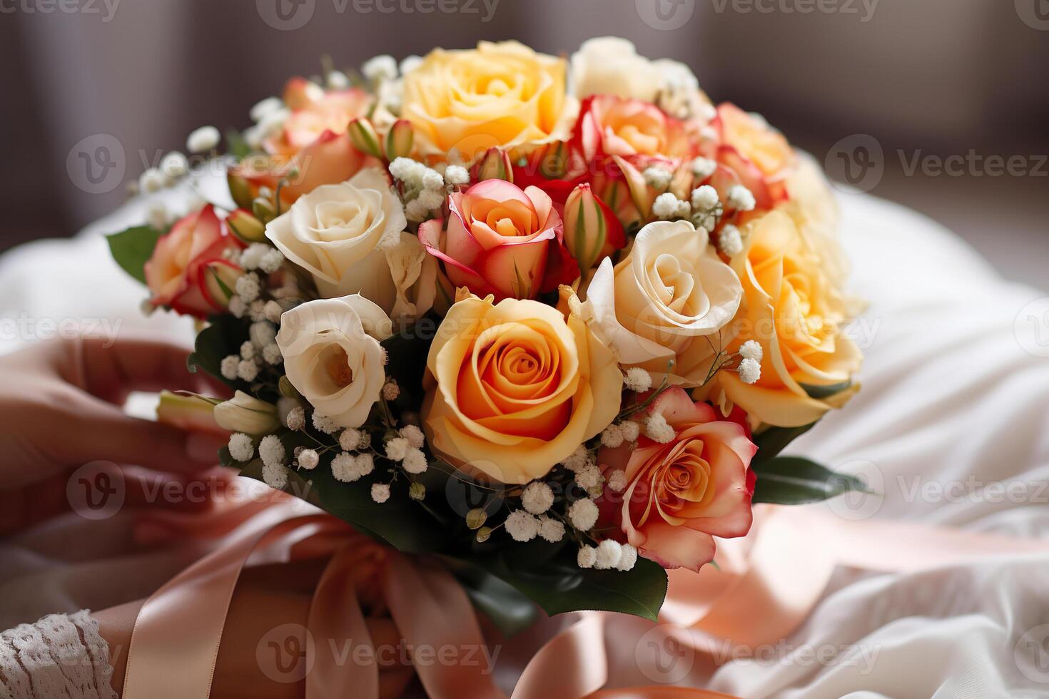 AI generated The bride holds an elegant delicate bouquet in her hands. Wedding day concept. Generated by artificial intelligence photo
