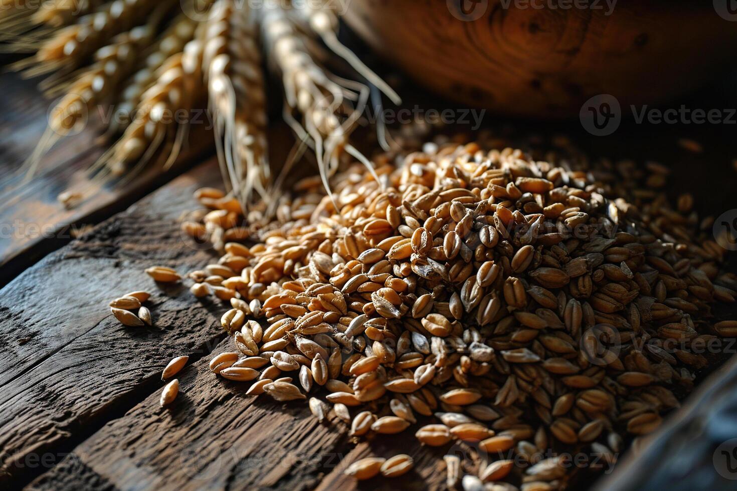 AI generated A pile of grain with ears on a wooden surface, top view. Generated by artificial intelligence photo