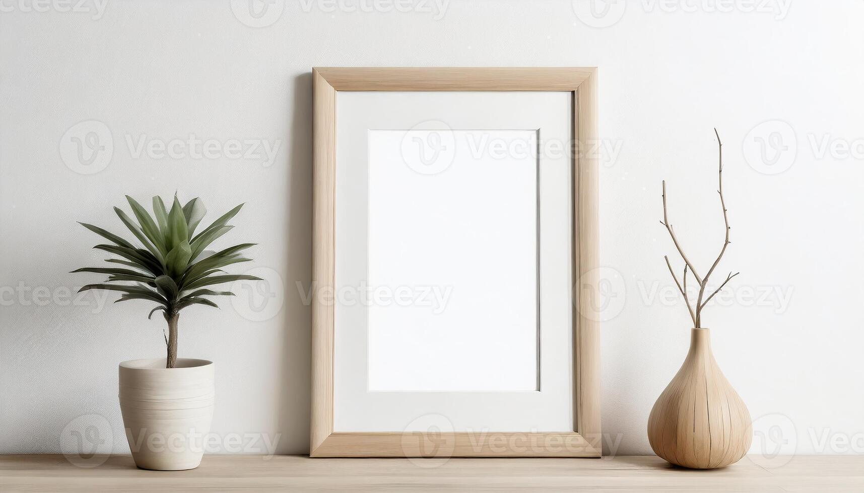 AI generated Wooden frame mockup on a plain white wall on top of a wooden table photo