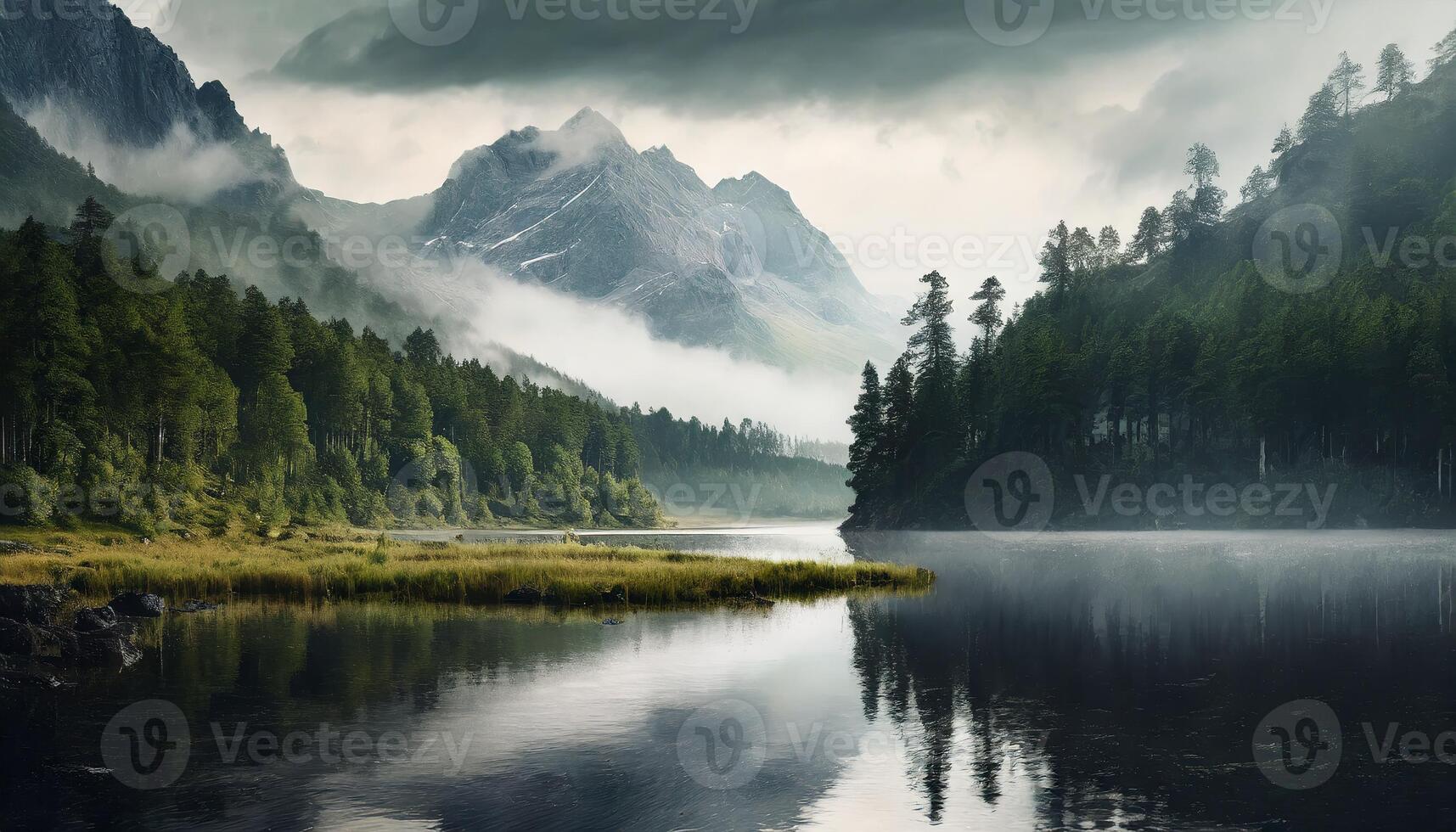 AI generated Cinematic Landscape view of a lake, mountain background, wilderness landscape photo