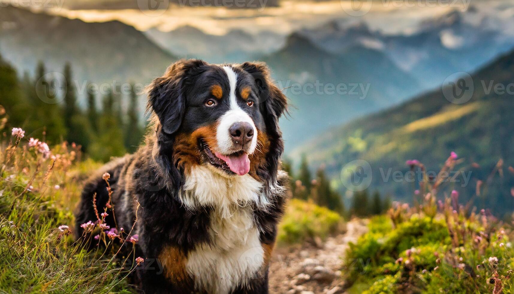 AI generated Cute picture of a Bernese mountain dog outdoor with a blurred background photo