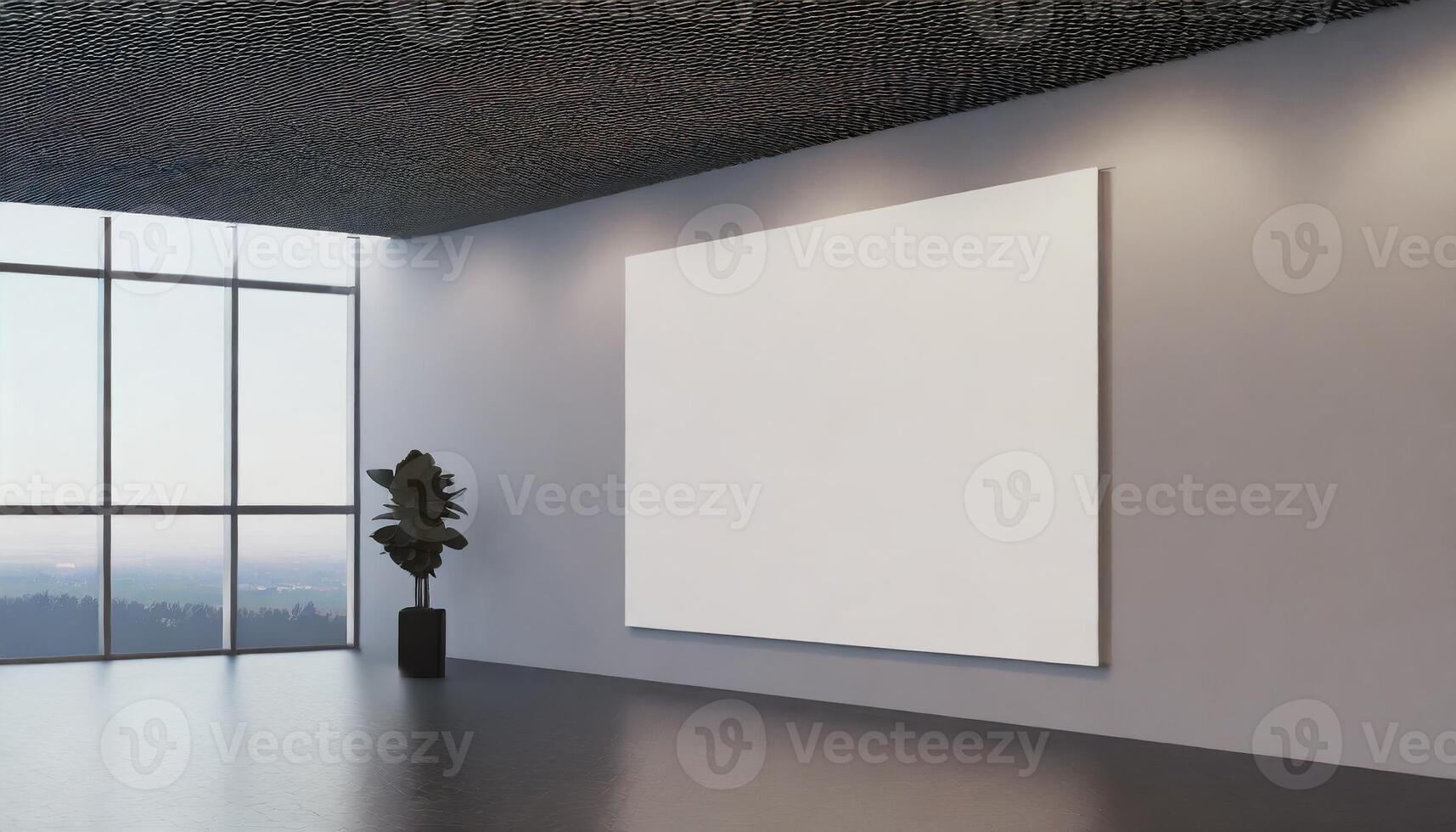 AI generated Large Blank Wall Banner Mockup in an office with floor to ceiling window photo