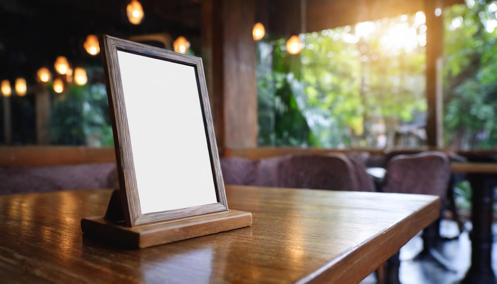 AI generated Menu frame mockup standing on wood table in a restaurant photo