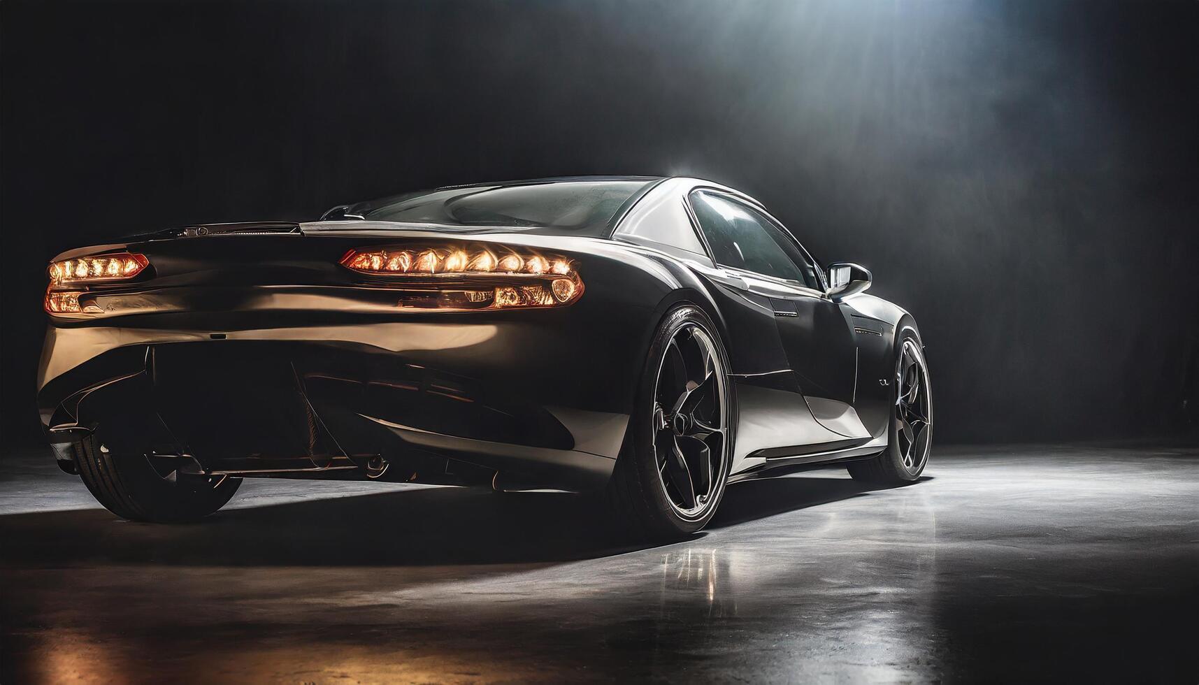 AI generated Back shot of a black sports car in a dark studio photo