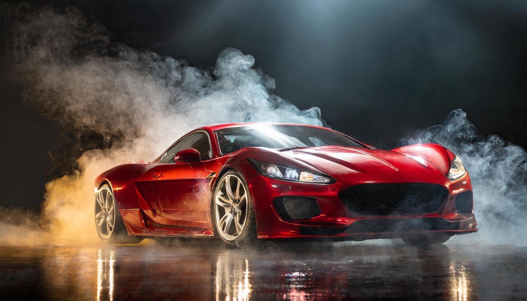 AI generated Cool shot of a red shiny sports car on a black background with smoke coming out of it photo