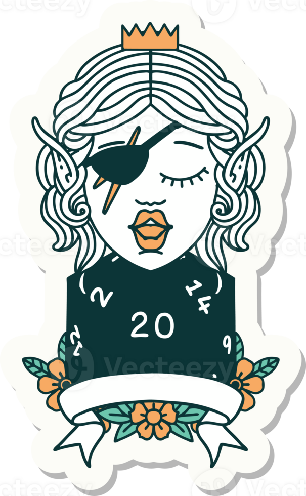 sticker of a elf rogue character with natural twenty dice roll png