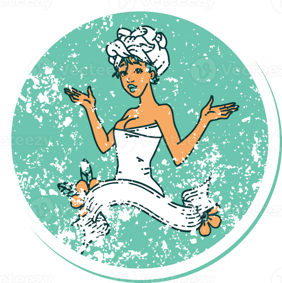 Distressed Sticker Tattoo im traditionellen Stil eines Pinup-Girls im Handtuch mit Banner png