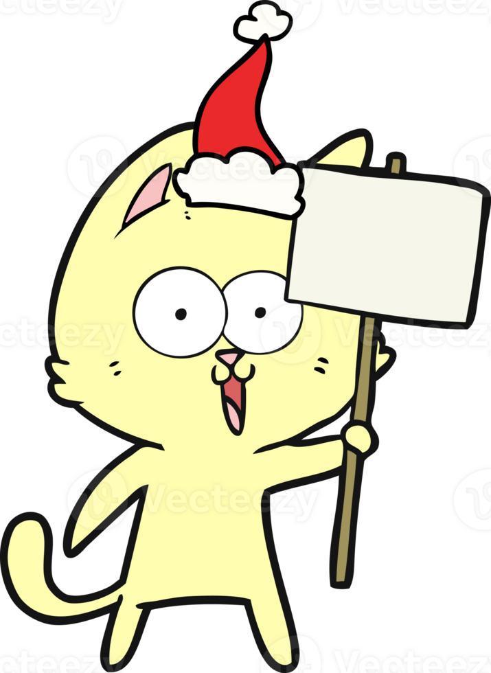 funny hand drawn line drawing of a cat with sign wearing santa hat png