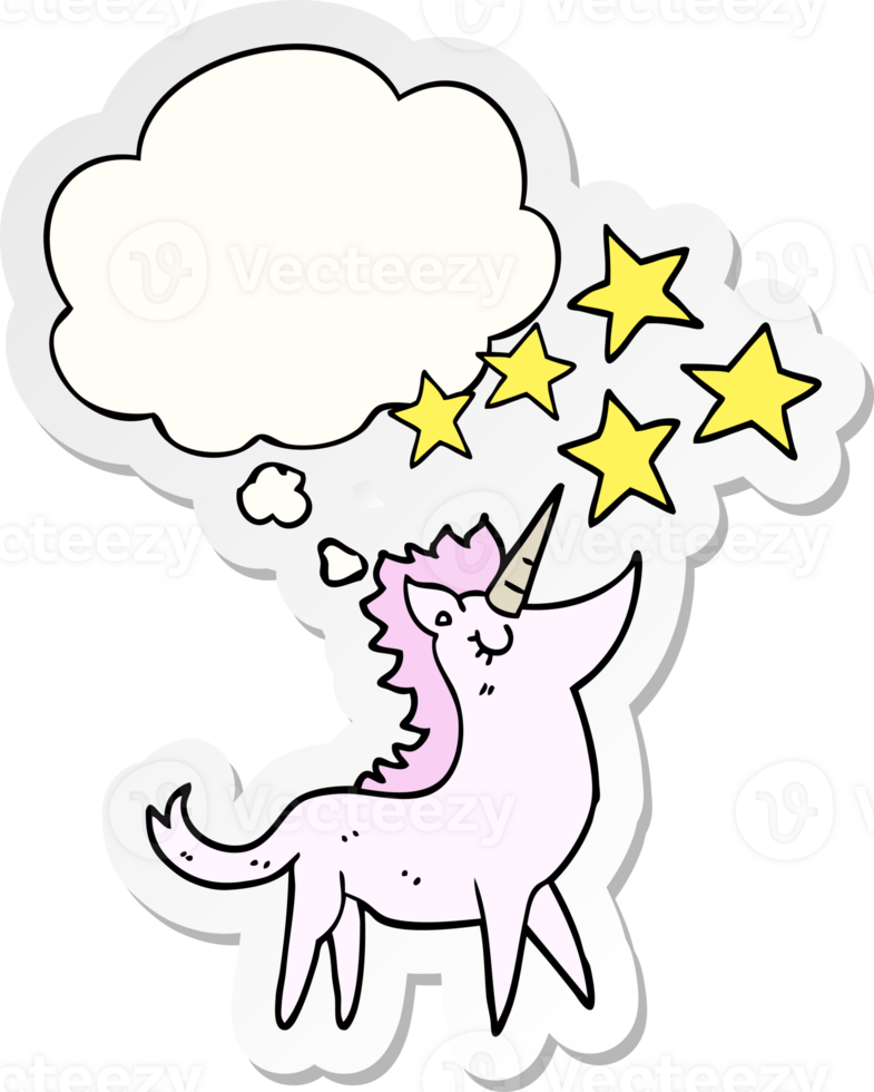 cartoon unicorn with thought bubble as a printed sticker png