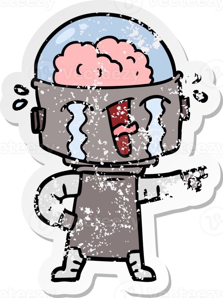 distressed sticker of a cartoon crying robot pointing png