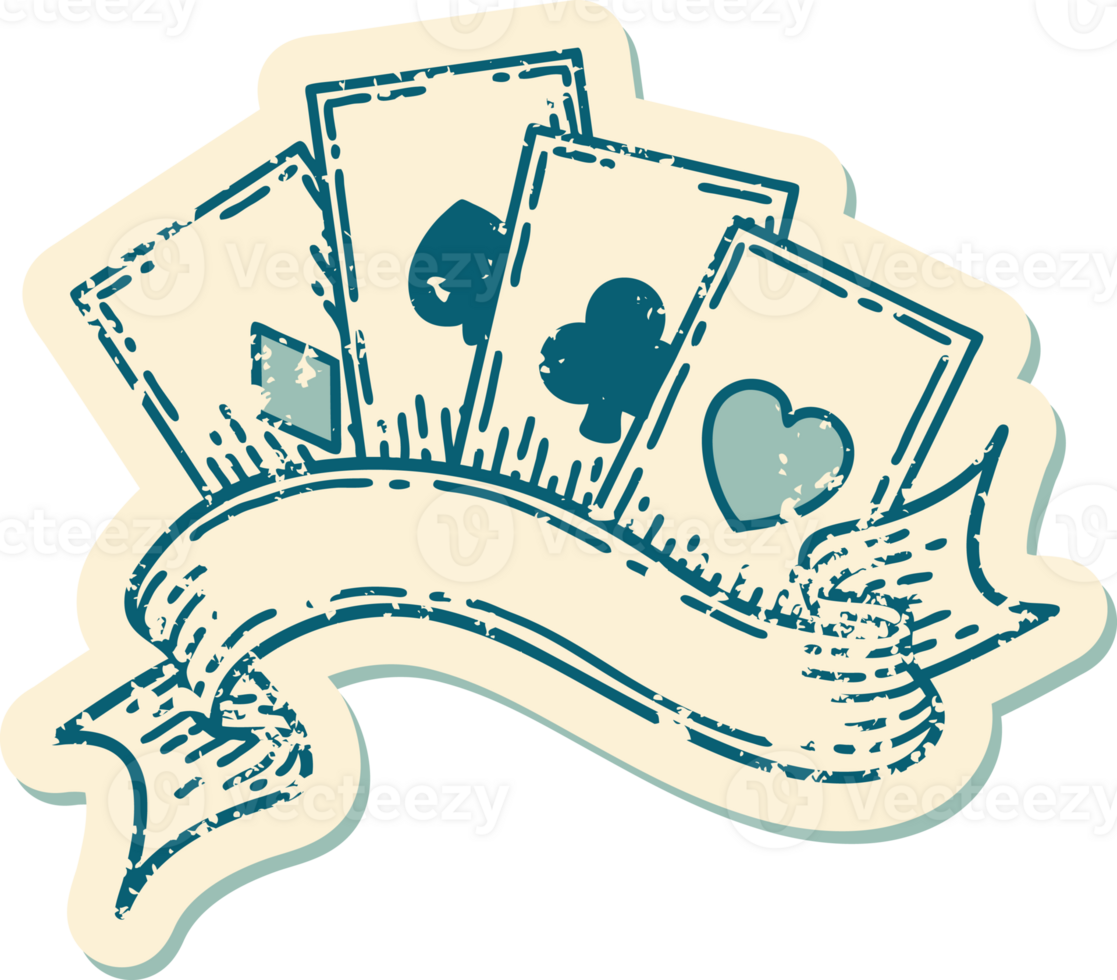 iconic distressed sticker tattoo style image of cards and banner png