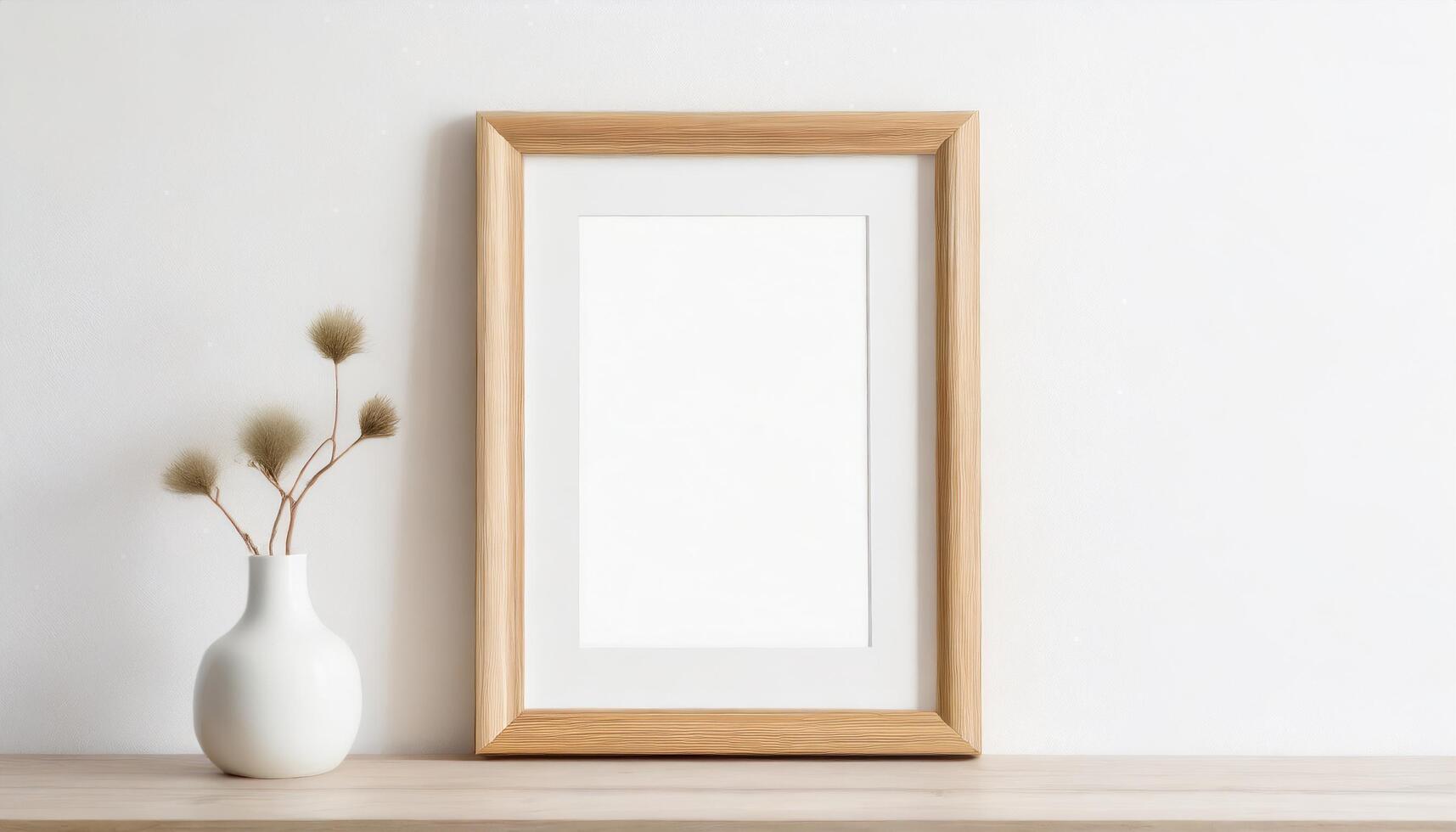 AI generated Wooden empty frame mockup on a plain white wall photo