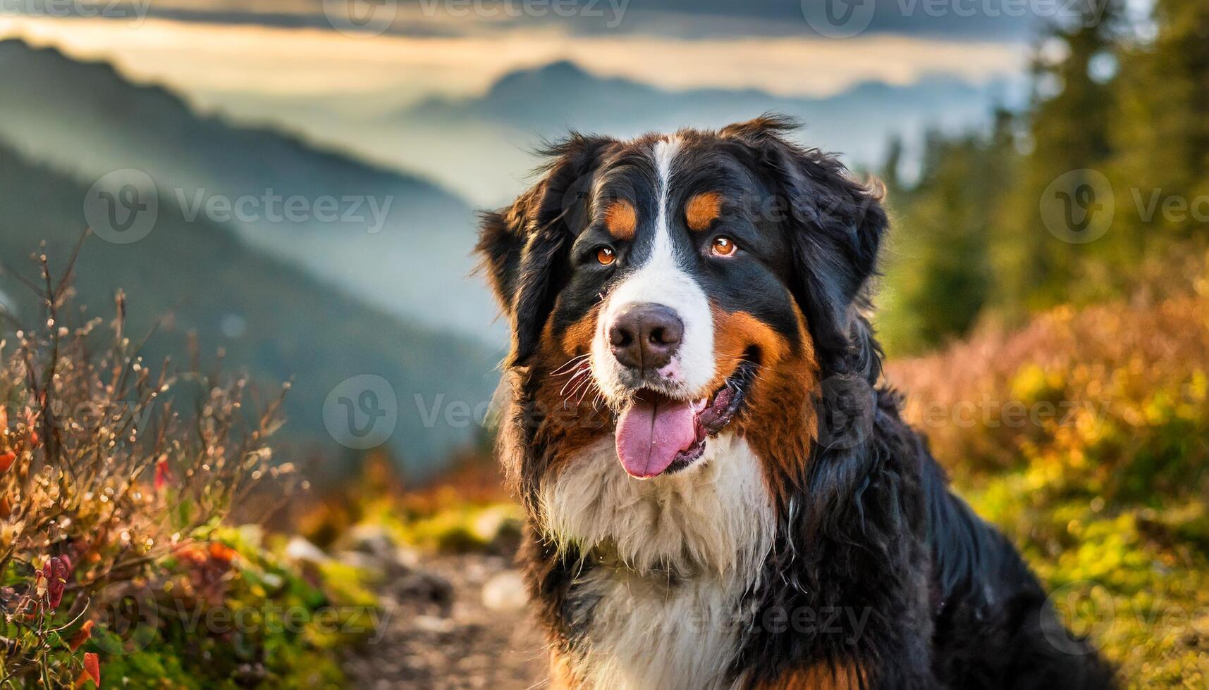 AI generated adorable picture of a Bernese mountain dog in a hiking trail outdoor setting photo