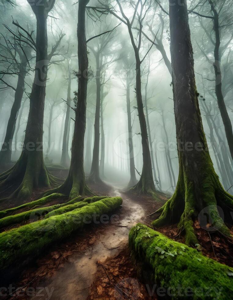 AI generated Dense forest enveloped in thick fog, with trees shrouded in mist photo