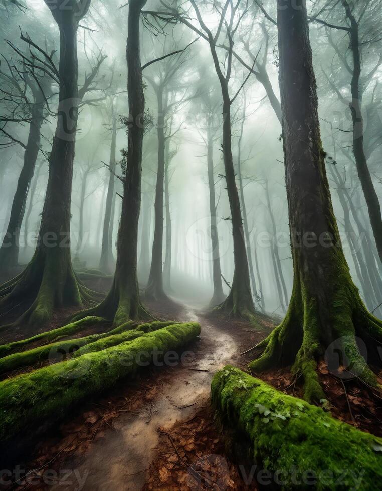 ai generado denso bosque envuelto en grueso niebla, con arboles envuelto en niebla foto