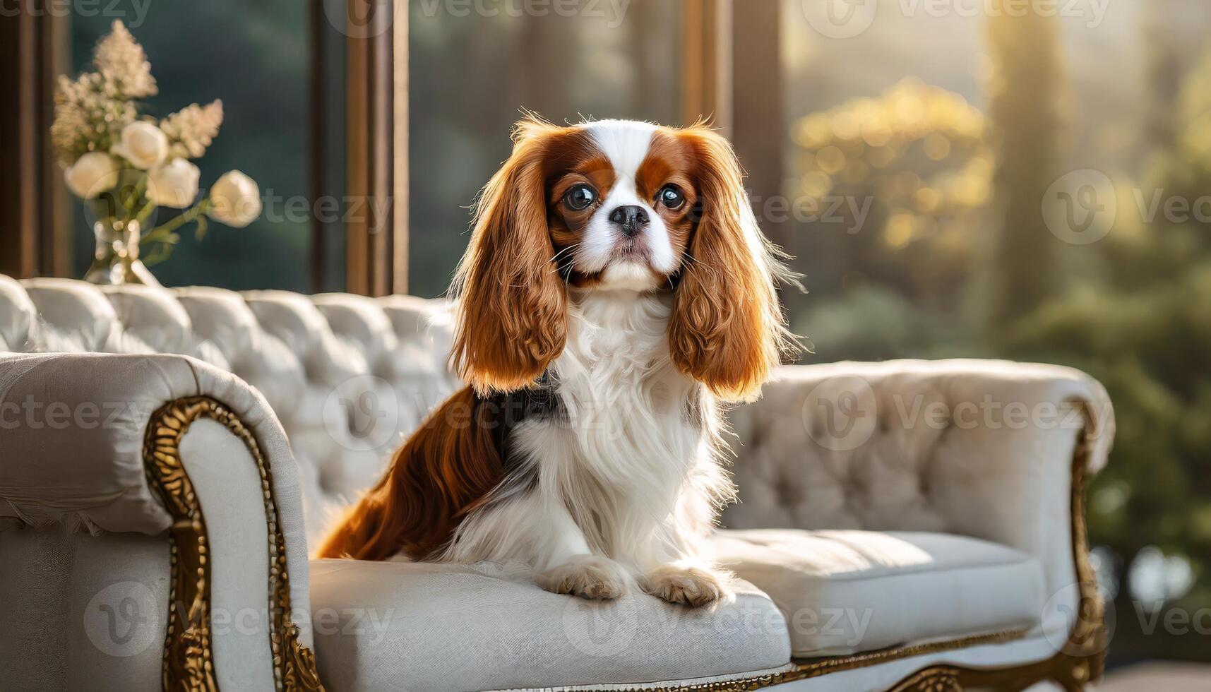 ai generado linda caballero Rey Charles perro sentado en un lujoso blanco sofá en un bonito vivo habitación foto