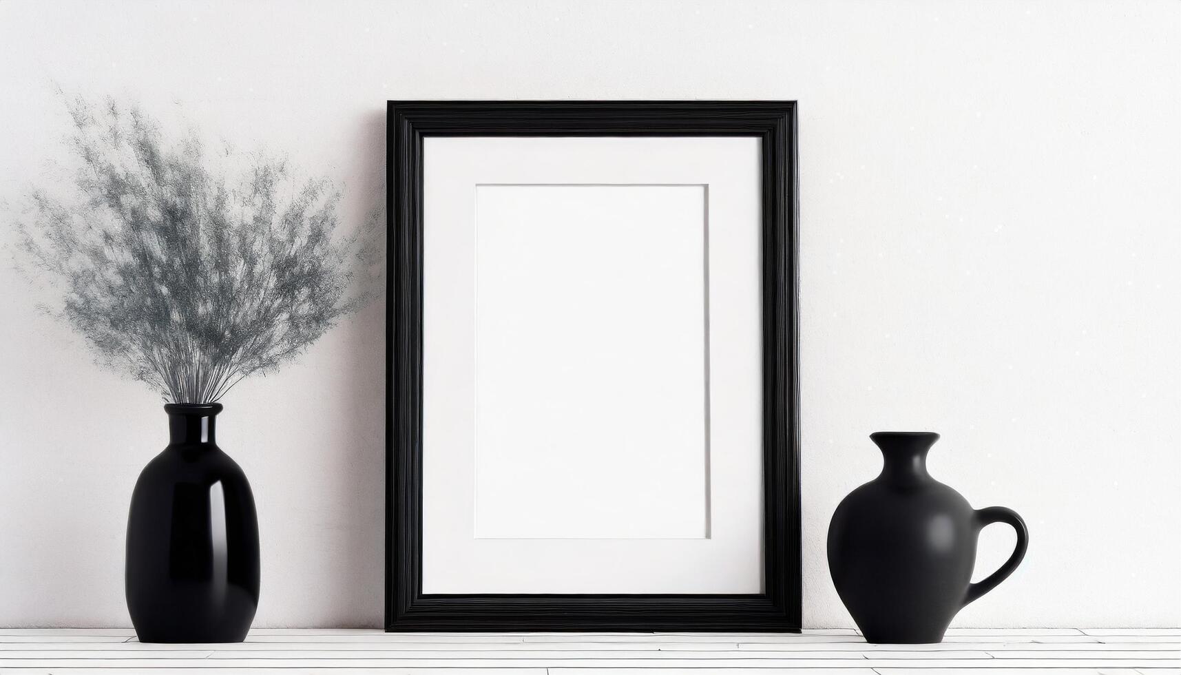 AI generated Empty frame mockup on a white table with black vases photo