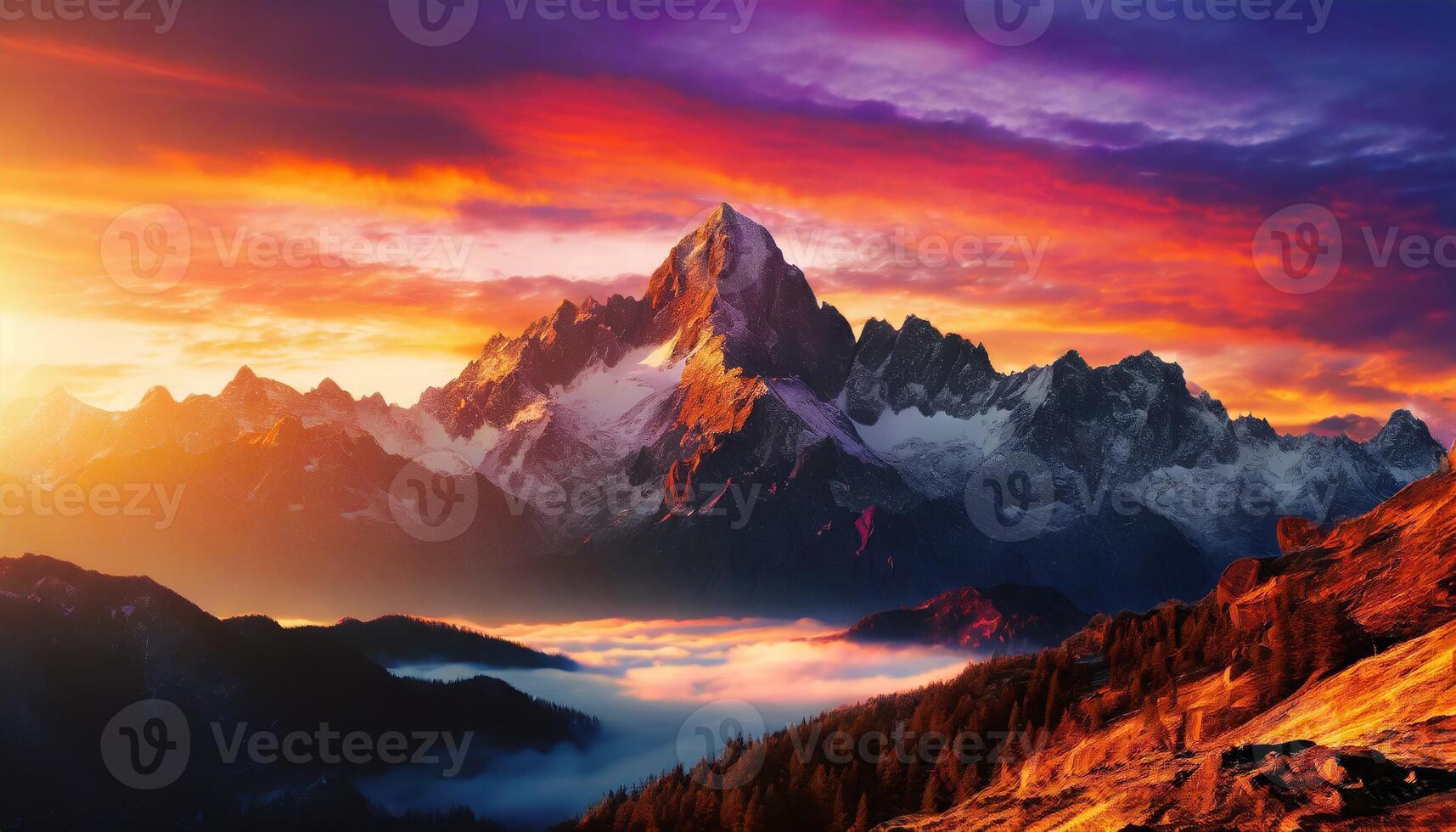 AI generated Mountain view with colorful sky, scenic lanscape photo