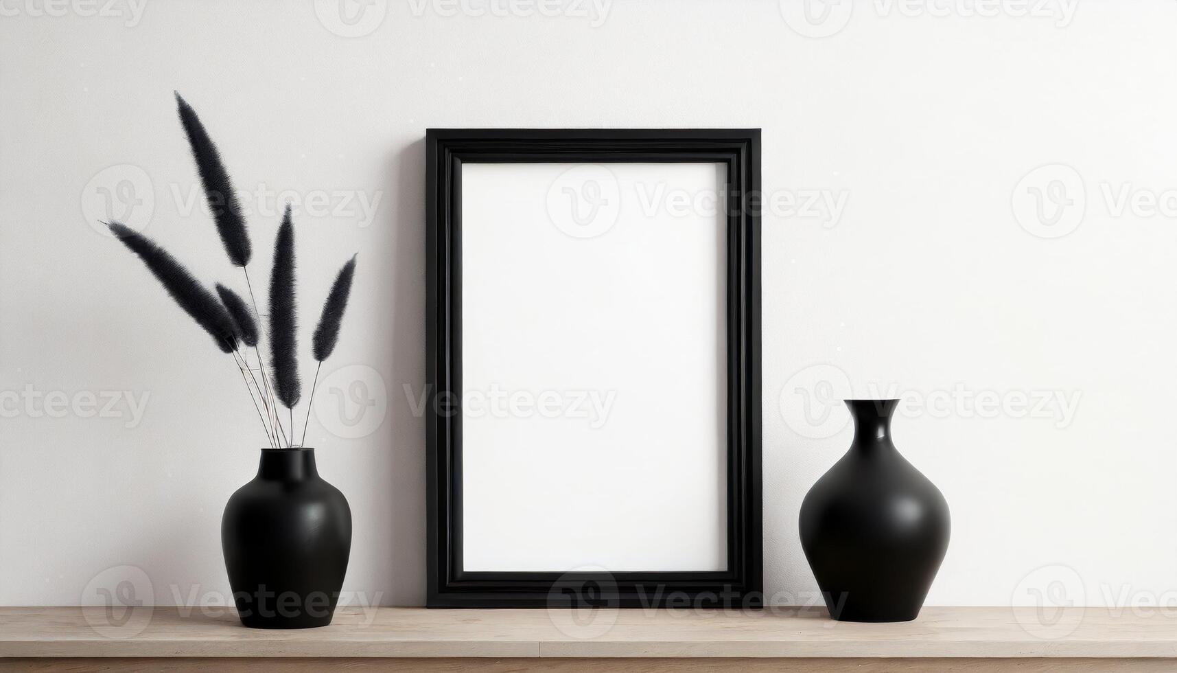 AI generated Black empty frame mockup against a plain white wall with vase on the side photo