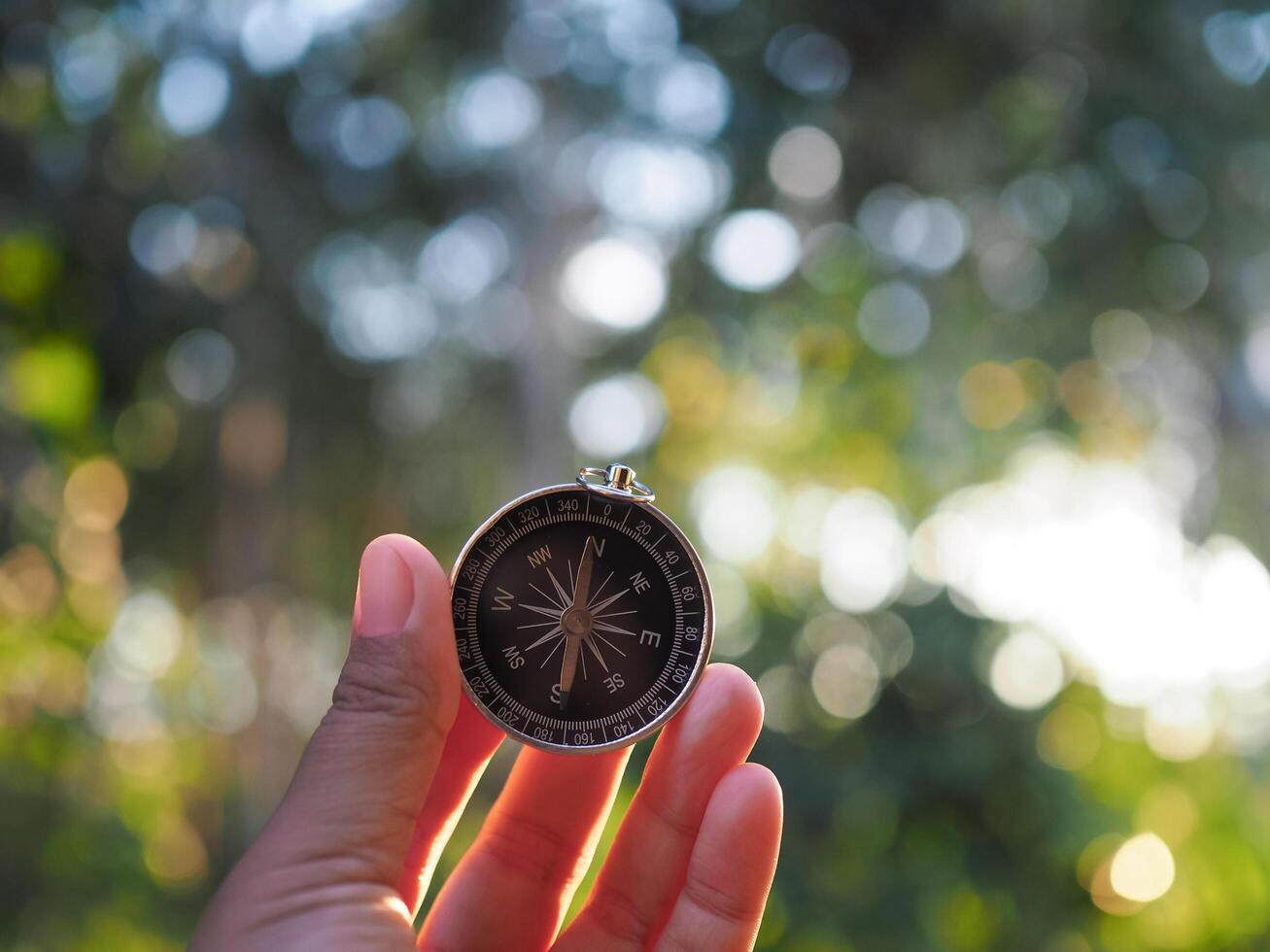 Hand holding compass with nature background. The concept of world tourism day, Searching the right directions and Travel photo