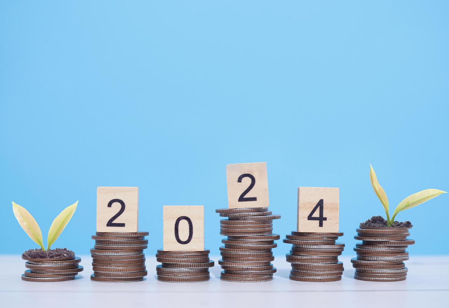 Wooden blocks with the number 2024 and plants growing up on stack of coins. The concept of saving money, Financial, Investment and Business growing in year 2024. photo