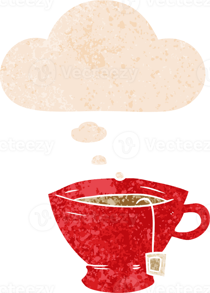 cartoon cup of tea with thought bubble in grunge distressed retro textured style png