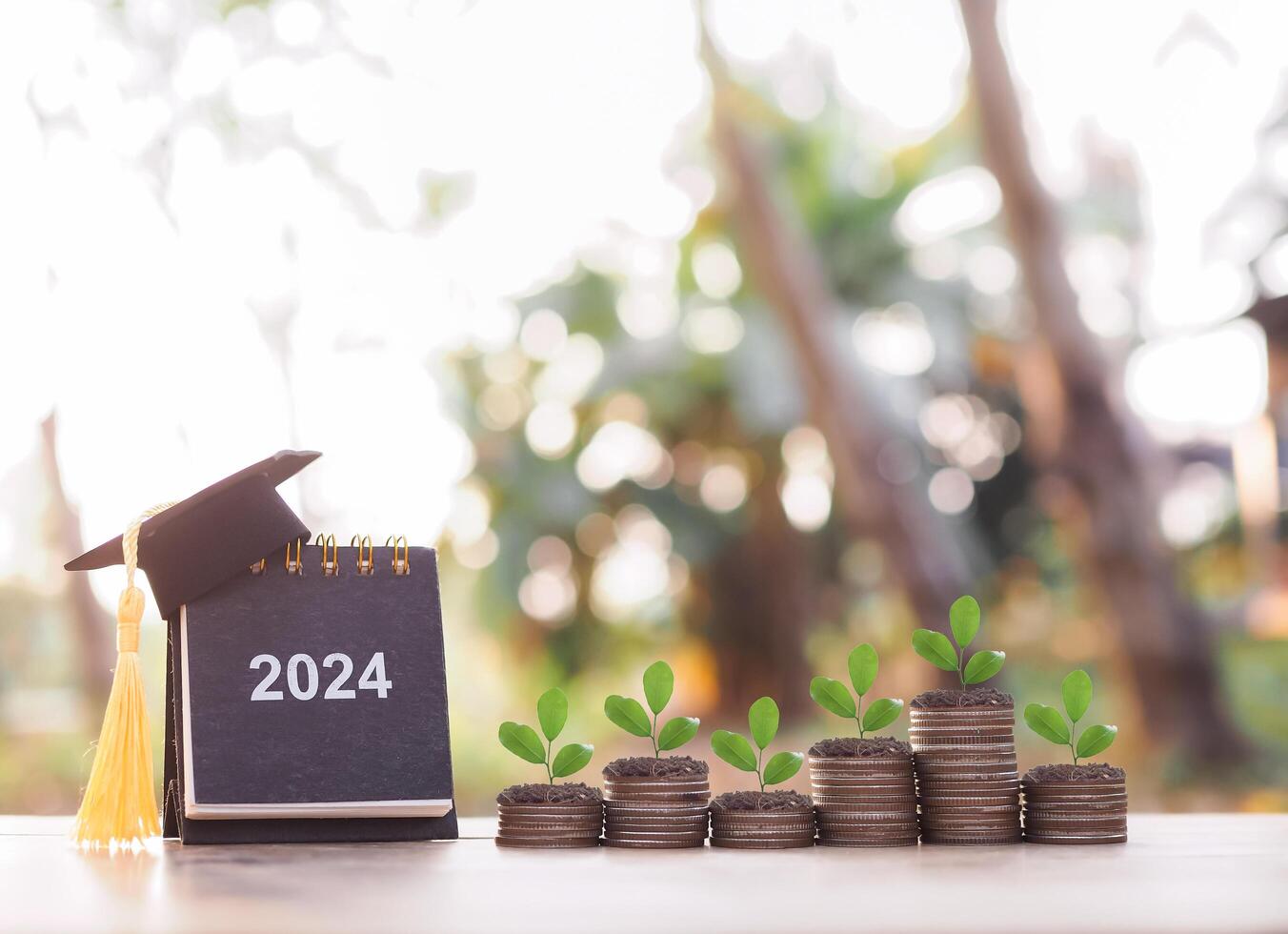 2024 desk calendar with graduation hat and plants growing up on stack of coins. The concept of saving money for education, student loan, scholarship, tuition fees in the future photo